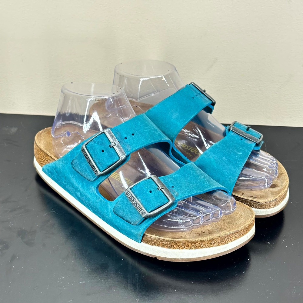 Birkenstock Arizona Sandals Womens 38 7-7.5 Turquoise Suede 2 Strap Sport Slides